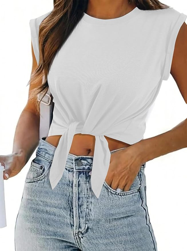 SOFIA'S CHOICE Women Summer Tie Front Crop Tops Crewneck Cap Sleeve Ruched T-Shirt Tops | Amazon (US)