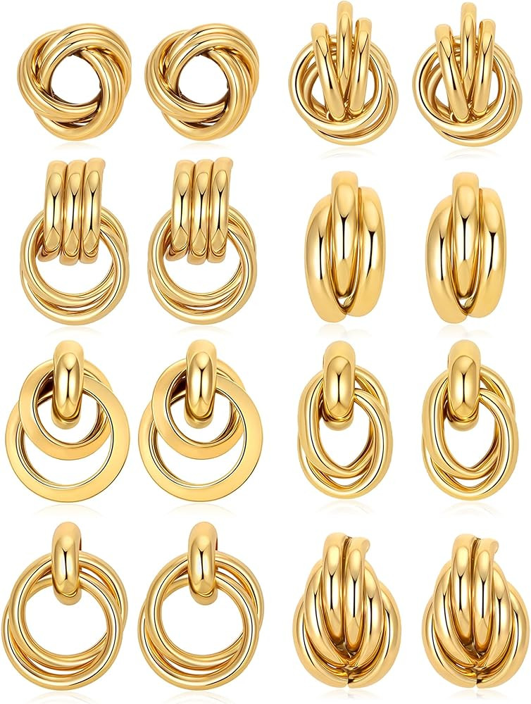 8 Pairs Gold Knot Earrings for Women Geometric Twisted Long Link Drop Dangle Earrings Lightweight... | Amazon (US)