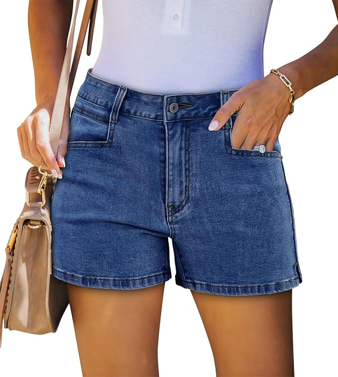 SANMM Light Blue Jean Shorts for Women Mid-Rise Frayed Raw Hemline Ripped Denim Short Casual Summ... | Amazon (US)