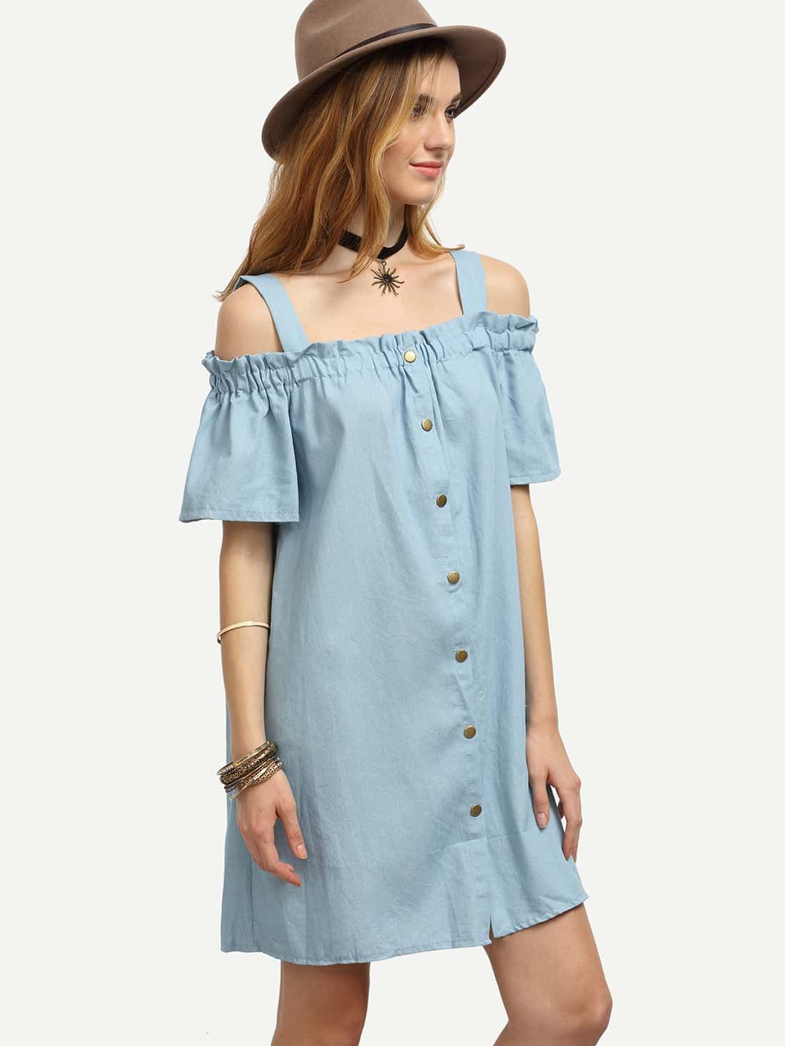 Blue Shirred Cold Shoulder Buttoned Denim Dress | SHEIN