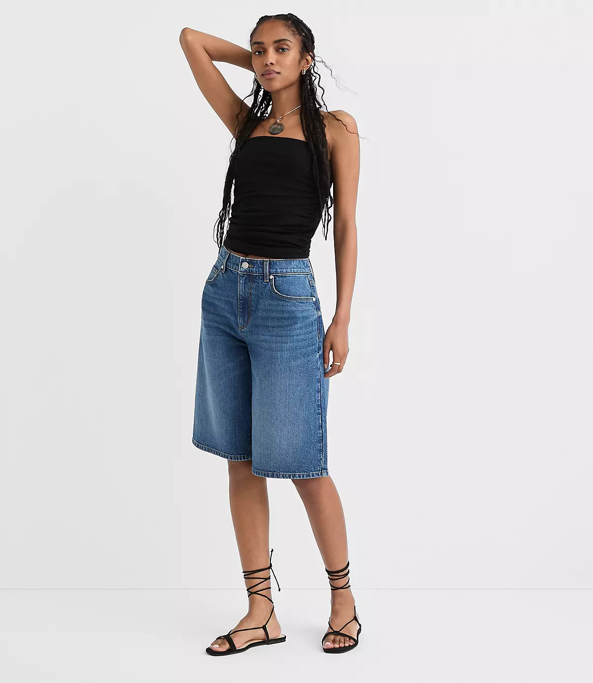 Rivete High Rise Denim Bermuda Shorts in Dark Wash | LOFT