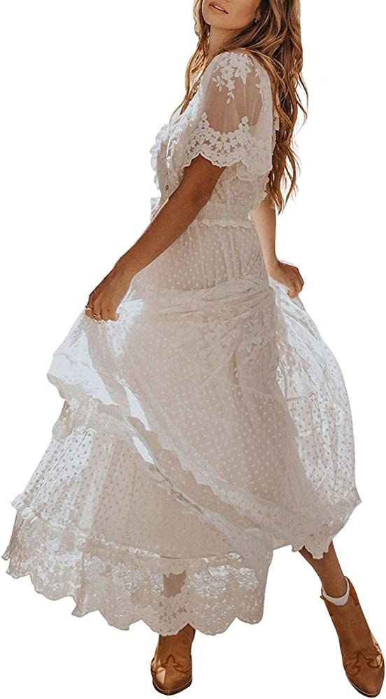 Bdcoco Women's V Neck Floral Lace Wedding Dress Short Sleeve Bridesmaid Evening Party Maxi Dress | Amazon (US)