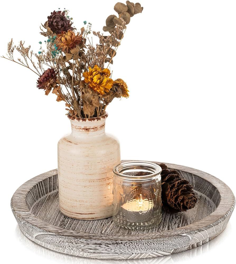 Amazon.com: Wooden Decorative Tray Candle Holder: Romadedi Round Wood Tray Home Decor, Whitewash ... | Amazon (US)