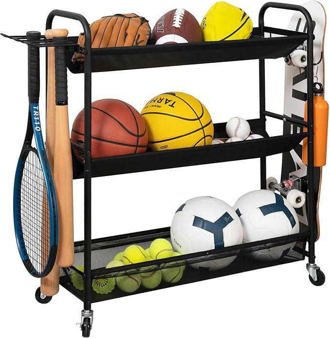 STORAGE MANIAC Basketball Rack 3-Shelf Training Stand Ball Holder Sports Ball Cart Garage Organiz... | Amazon (US)