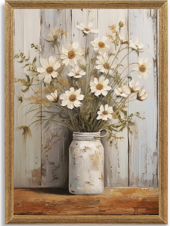 Krtoni Framed Farmhouse Vintage Canvas Wall Art, Country Floral Artwork Wall Decor, White Daisy F... | Amazon (US)