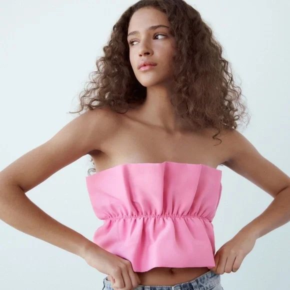 NWT Zara Pink Ruffled Strapless Cropped Top | Poshmark