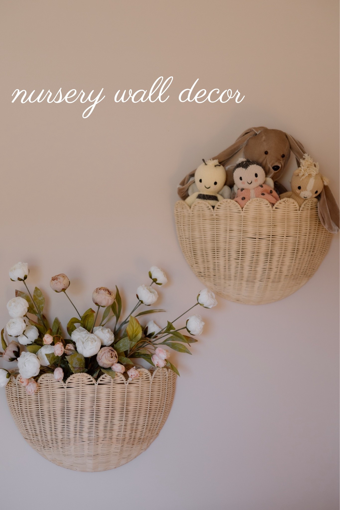 How cute is this wall decor in baby’s nursery?! I love these hanging baskets! Similar to ones from Amazon! These are Walmart and half the price 🤌🏻
The stuffed animal is handmade by a bestie who was in my wedding - she used the bridesmaids dress from my wedding to make the bear for Presli 🧸🥹✨🤍

#LTKHome #LTKBaby