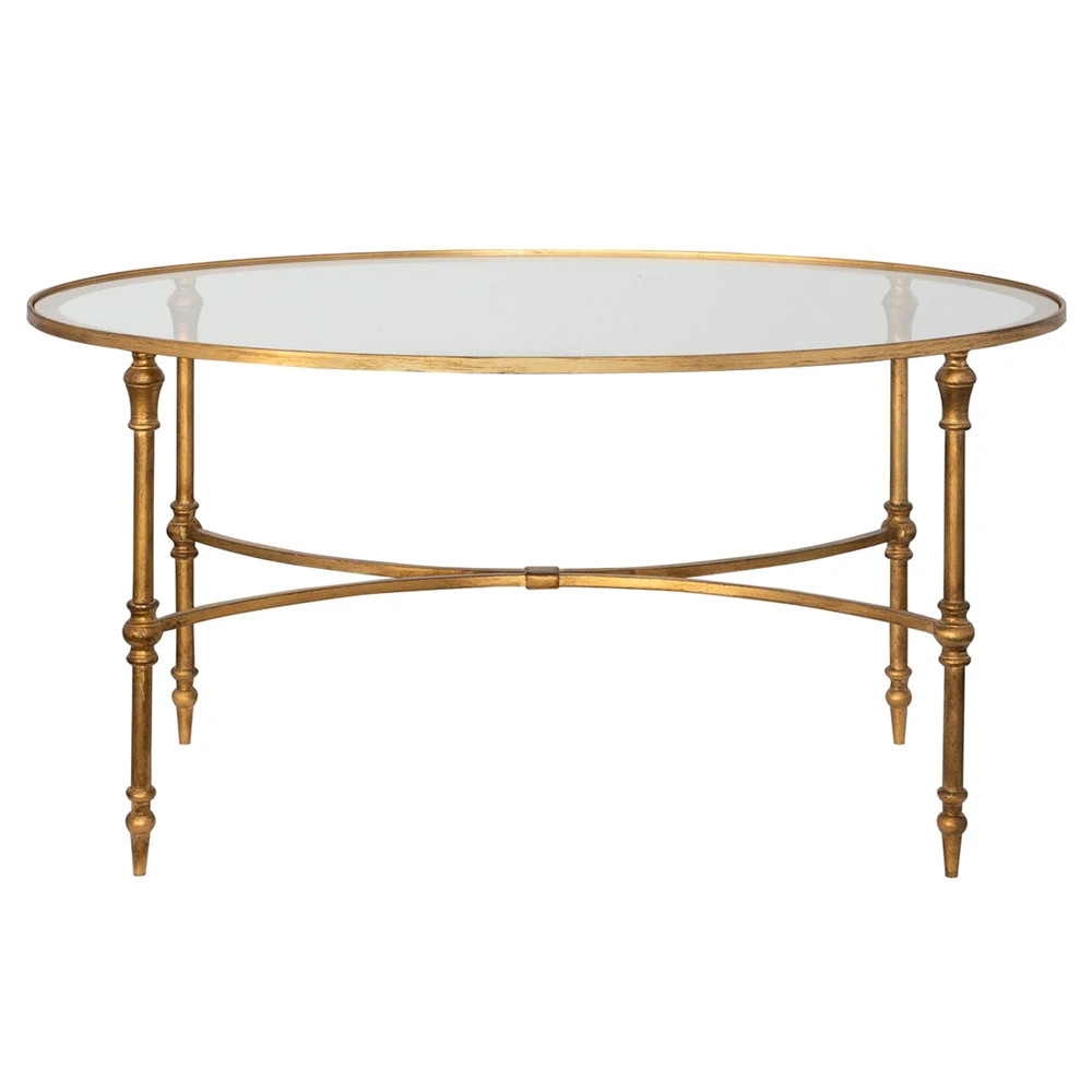 Victoria Hollywood Regency Antiqued Gold Frame Glass Top Oval Coffee Table | Kathy Kuo Home