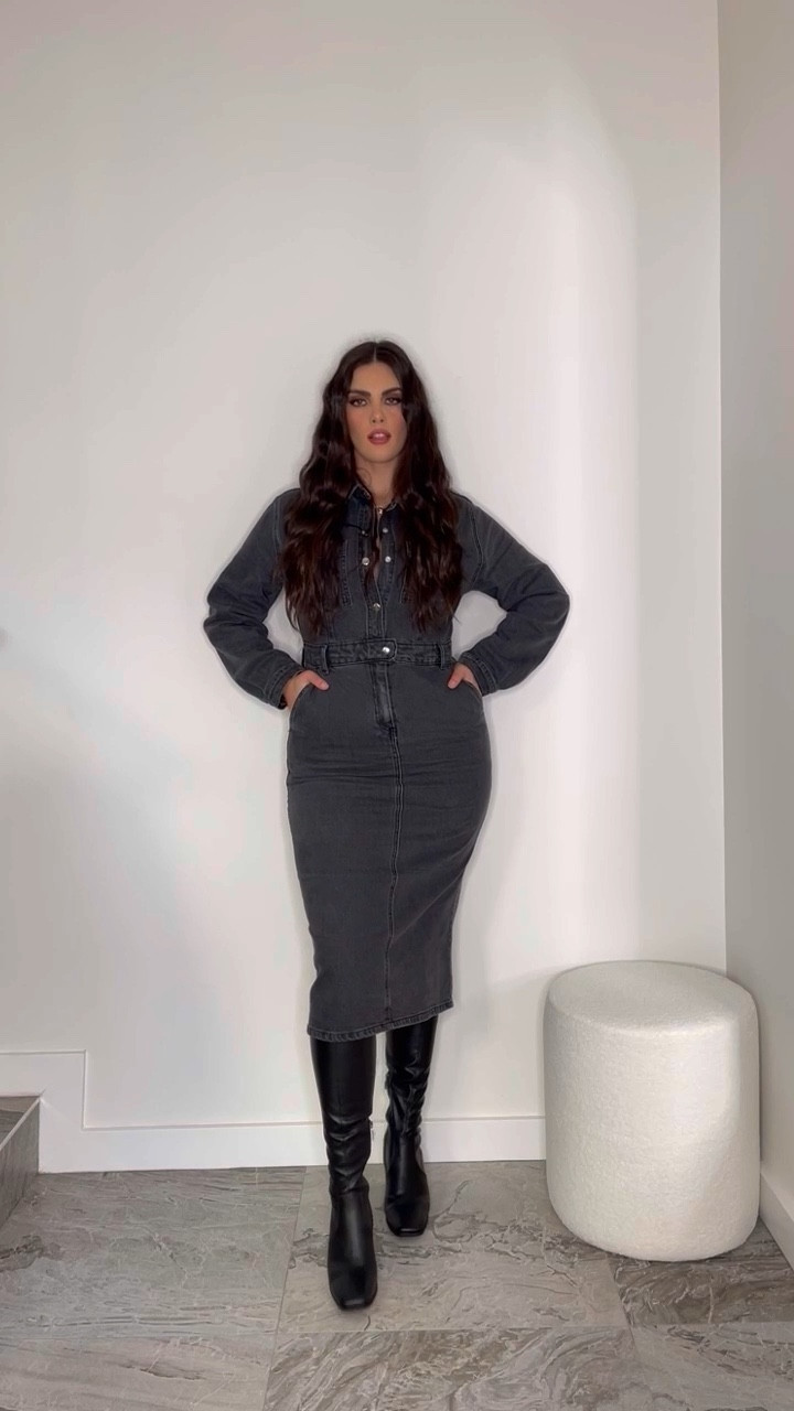 Transeasonal black denim dress wearing size 12 5’8 and knee high black boots 🖤

#LTKaustralia #LTKcurves #LTKSeasonal