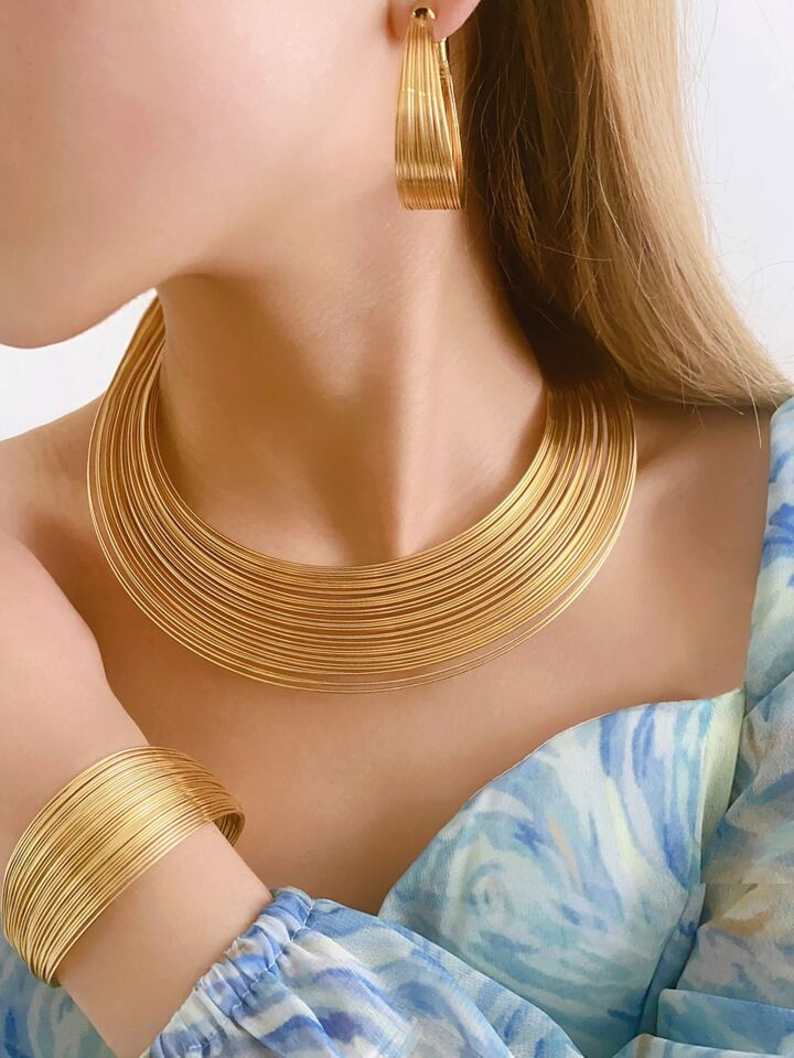 1pc Chunky Collar Necklace, 1pc Bangle Bracelet, 1pair Dangle Earrings For Women | SHEIN