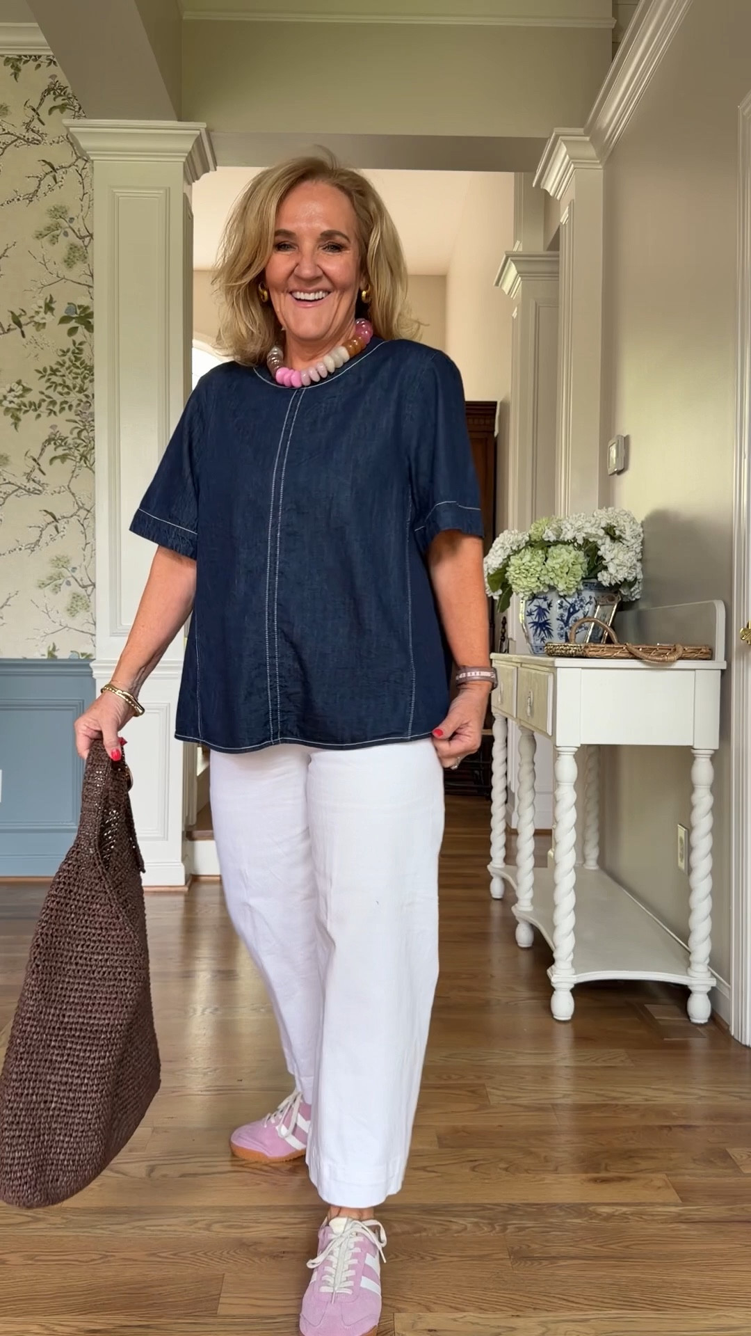 Lightweight denim top size medium 
Colette crop white jeans size 29 petite they also come in full length 
Sneakers are tts with socks 

#LTKOver40 #LTKPetite #LTKSeasonal