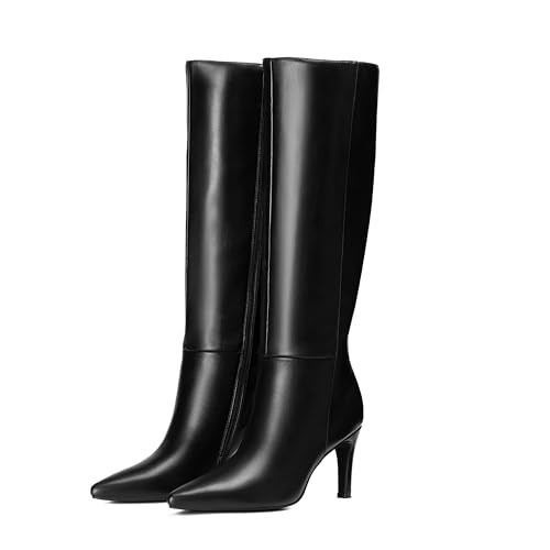 Reitoye Knee High Black Fur Boots Women Pointed Toe Stiletto Tall Boots 9.5 | Amazon (US)
