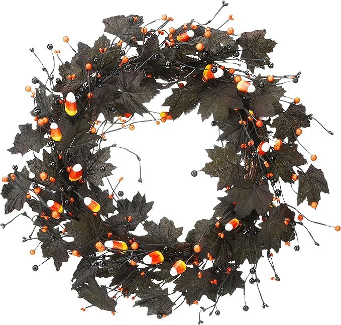 National Tree Company Artificial Wreath, Black, Decorated with Black Maple Leaves, Branches, Cand... | Amazon (US)