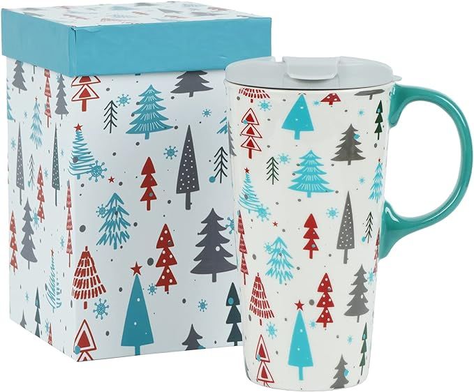 Topadorn Christmas Tree Ceramic Mug Coffee Cup with Spill-proof Lid and Box, 17 Oz. | Amazon (US)