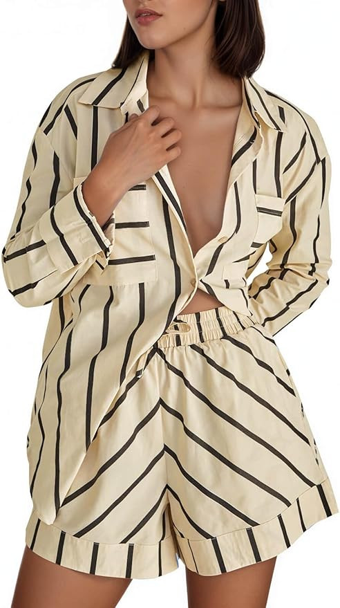 Tankaneo Womens Striped 2 Piece Outfits Button Down Shirts and Shorts Lounge Matching Sets | Amazon (US)