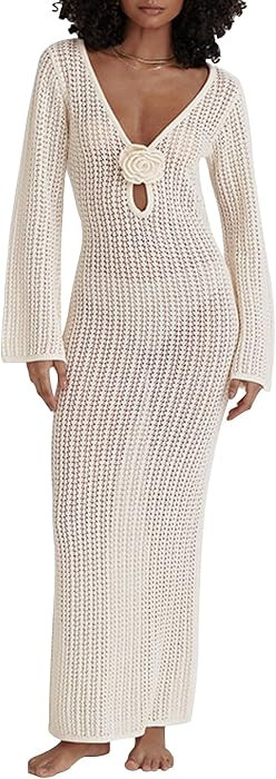Leoparts Women's Knitted Swimsuit Cover Up 3D Floral Hollow Out Open Back Tie-Up Maxi Dress Beach... | Amazon (CA)