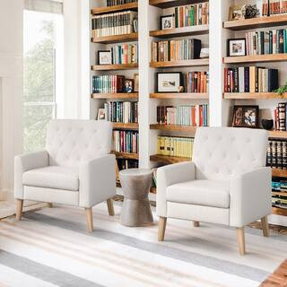 Beige and Walnut Linen Mid Century Modern Button Tufted Accent Chair with Wood Legs (Set of 2) | The Home Depot