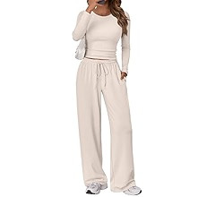 Trendy Queen Women's 2 Piece Matching Lounge Set Long Sleeve Slightly Crop Top Wide Leg Pants Cas... | Amazon (US)