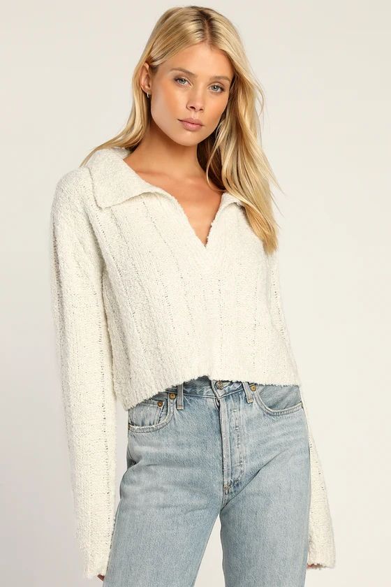 Plush Comfort Ivory Long Sleeve Collared Cropped Sweater Top | Lulus (US)