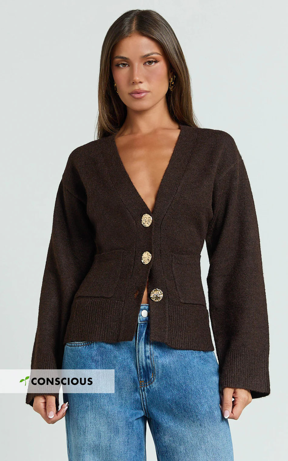 Nerissa Cardigan - V Neck Recycled Knit Contoured Cardigan in Chocolate | Showpo (US, UK & Europe)