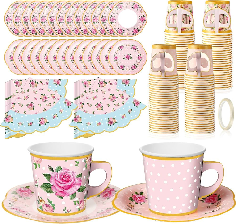 36 Set Tea Party Decorations 6.5oz Floral Paper Tea Cups with Handle and Saucers Paper Napkins wi... | Amazon (US)