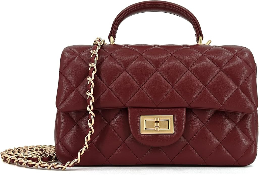 Small Quilted Crossbody Bags for Women, Genuine Leather Shoulder Bag w/Gold Chain Strap, Mini Top... | Amazon (US)