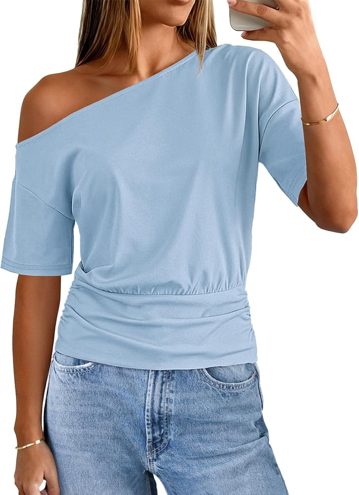 MEROKEETY Women's Off The Shoulder Short Sleeve Tops 2026 Summer Casual Going Out Trendy Y2k T Sh... | Amazon (US)
