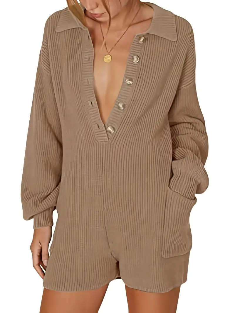 Button Front Solid Romper Jumpsuit, Casual Long Sleeve Turn Down Collar Romper Jumpsuit, Women's ... | Temu Affiliate Program