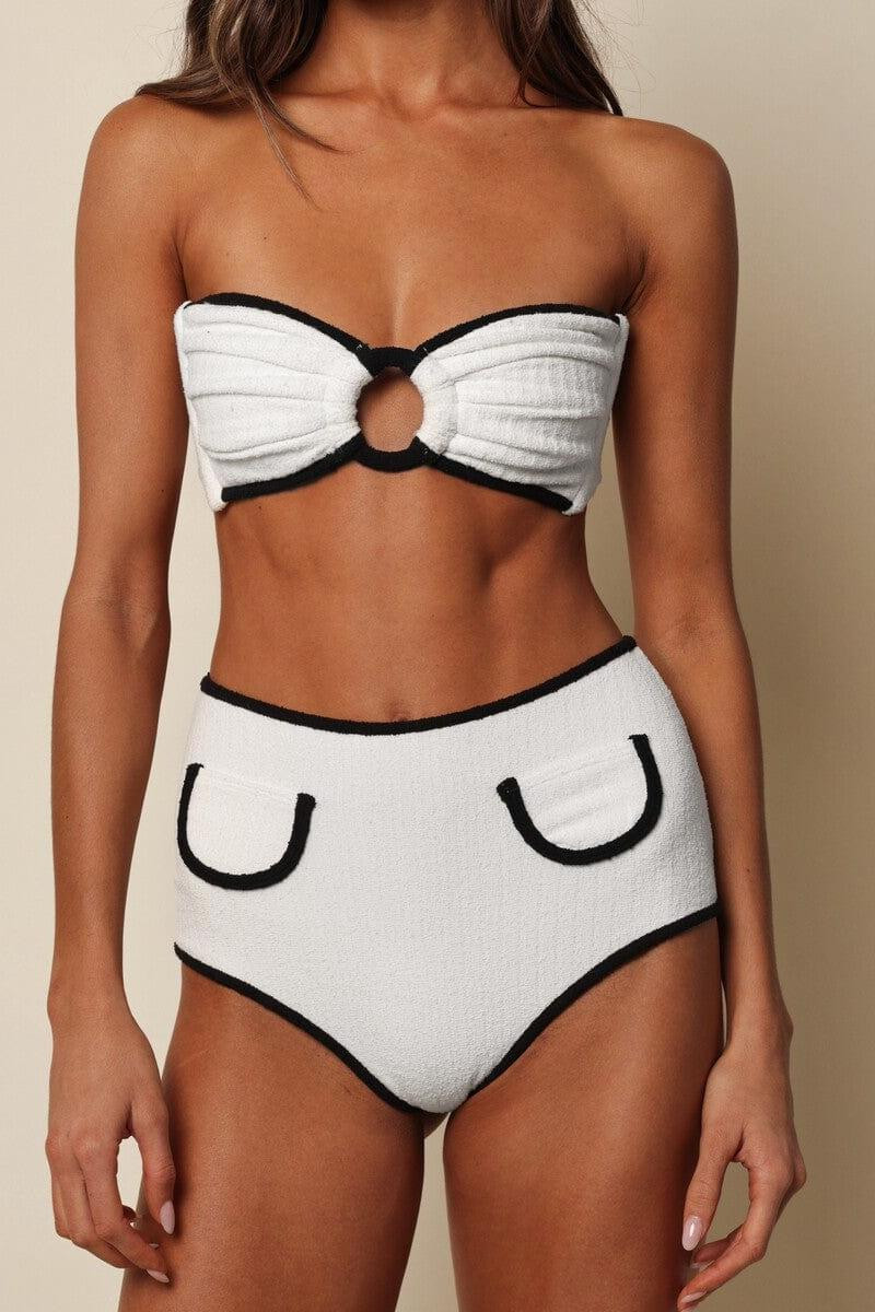 Cream (Black Binded) Terry Rib Tori Ties Bandeau Bikini Top | Montce