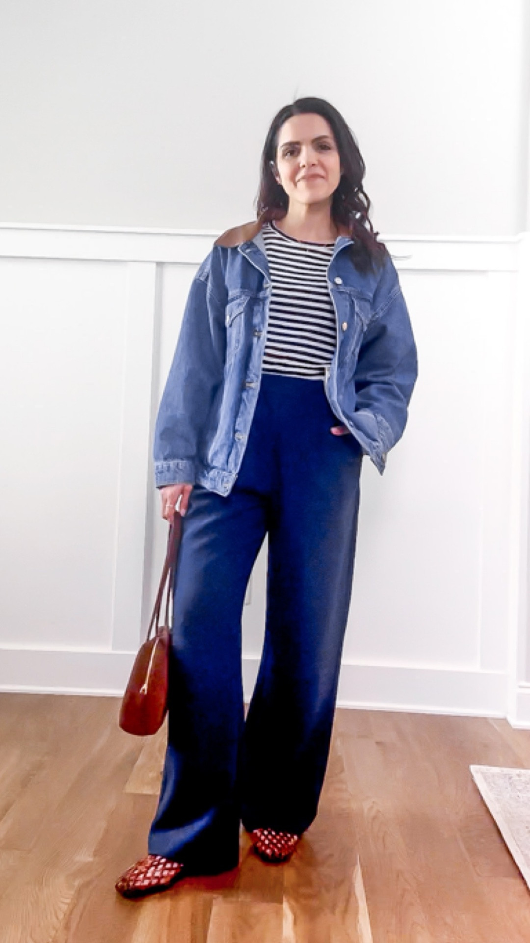 Outfit formula: stripes + trousers |  An easy way to feel a little more pulled together without overthinking it.

Striped tee, navy trousers, denim jacket, woven flats.

#LTKootd #LTKgrwm