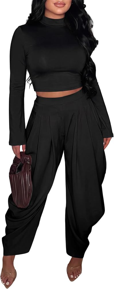 EDITCOZY 2 Piece Sets for Women Crop Tops Baggy Barrel Pants Winter Outfits | Amazon (US)