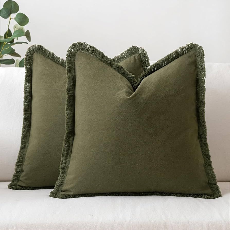 MIULEE Throw Pillow Covers 18x18 Set of 2 Olive Green Pillow Covers with Fringe Chic Cotton Decor... | Amazon (US)