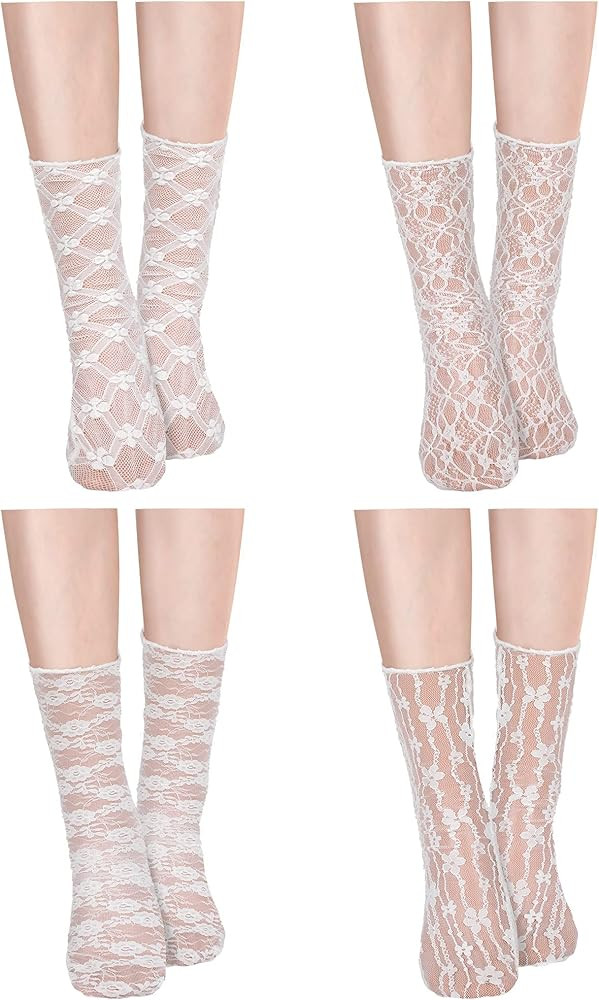 Geyoga 4 Pairs Women's Lace Socks Mesh Lace Loose Socks Decorated Ankle High Sheer Socks Sheer Me... | Amazon (US)