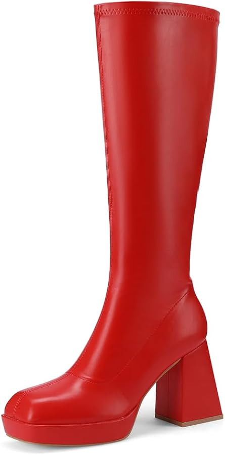 Knee High Boots for Women Square Toe Chunky High Heels Leather Strtetch GoGo Boots Side Zipper Mi... | Amazon (US)