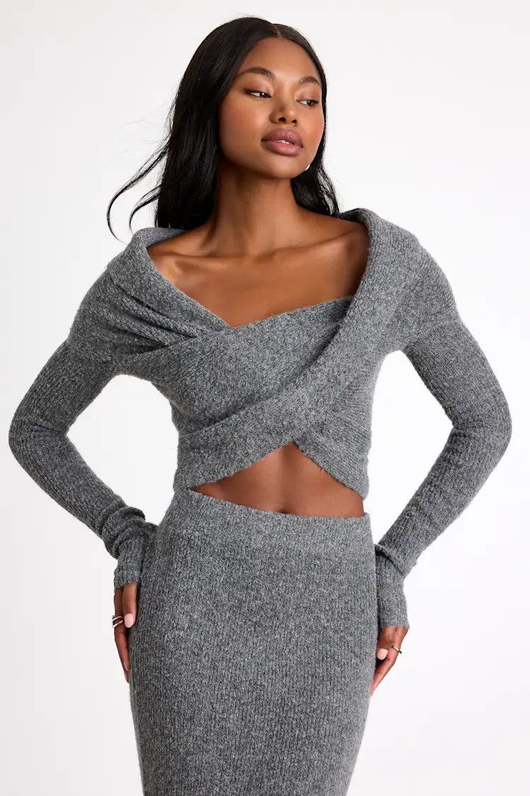 Alfina Grey Knit Cross-Front Cropped Sweater Top | Lulus