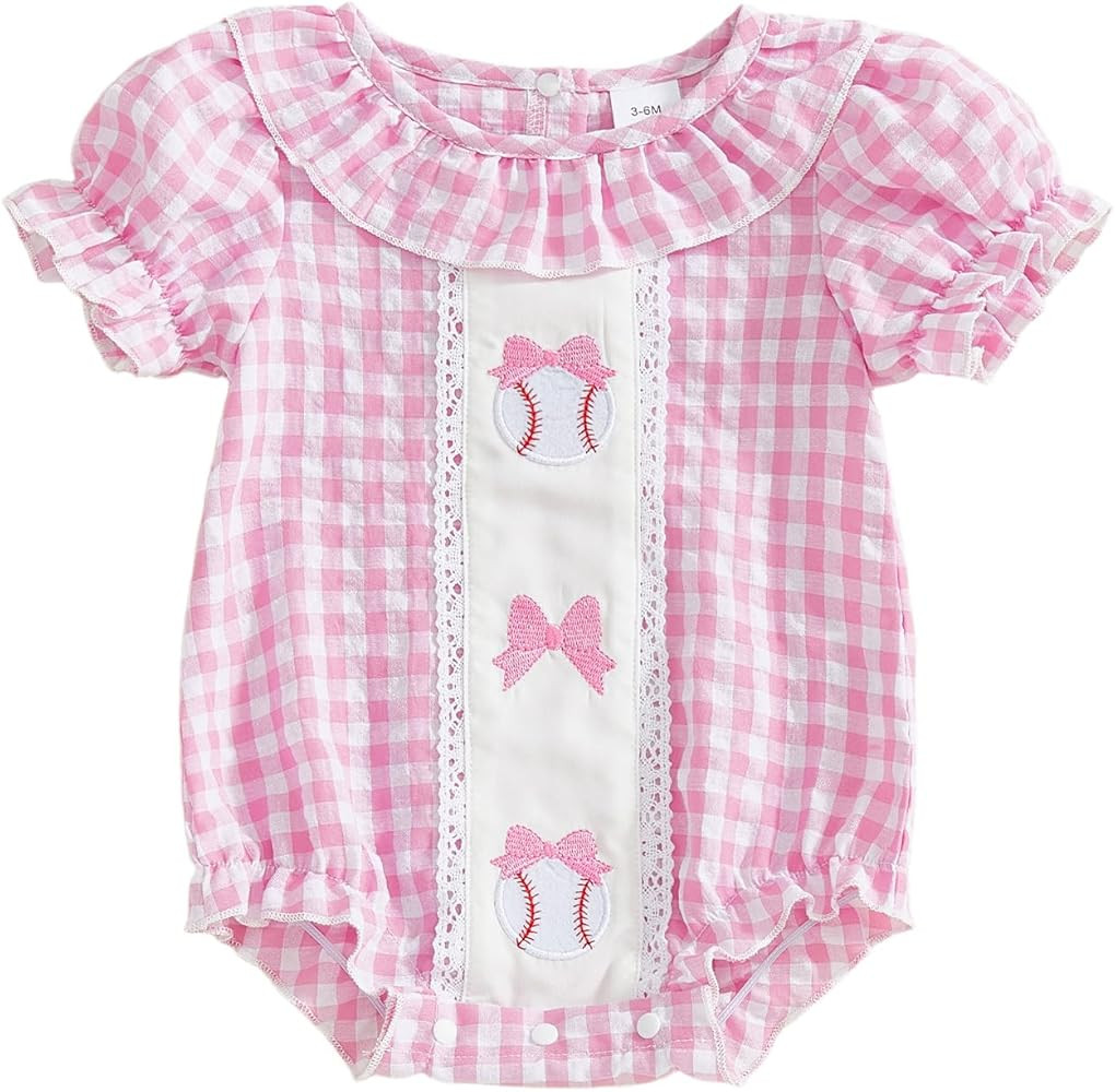 Baby Girl Boys Baseball Clothes Baseball Embroidery Plaid Crew Neck Short Sleeve Summer Romper Ne... | Amazon (US)