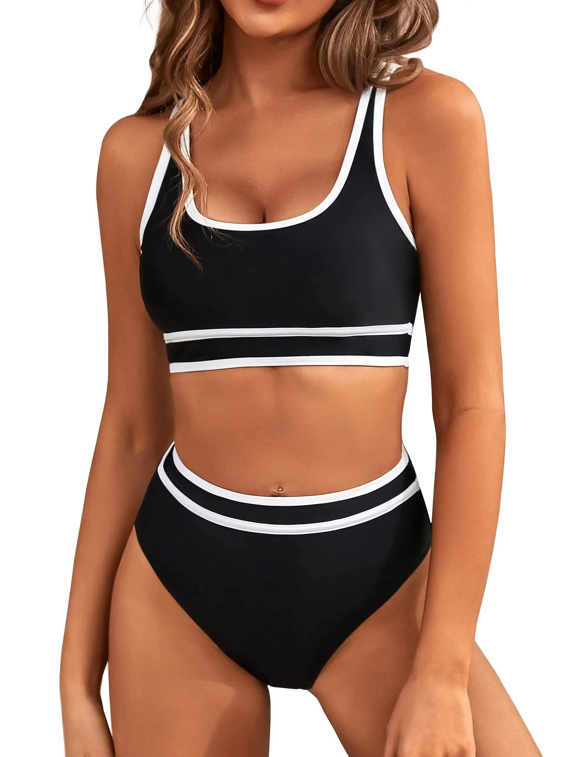 MOSHU High Waisted Womens Bikini Sets Sporty Two Piece Swimsuits for Women Color Block High Cut B... | Walmart (US)