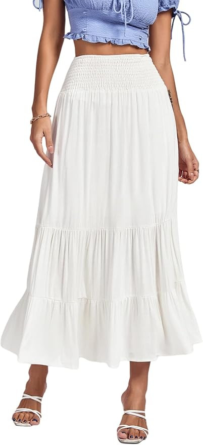 Umenlele Women's Casual Elastic High Waist A-line Pleated Ruffle Flounce Midi Long Skirt | Amazon (US)