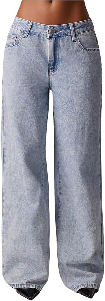 OYOANGLE Women's Straight Leg Jeans Vintage Zipper Fly Low Rise Denim Pants with Pocket Streetwea... | Amazon (US)
