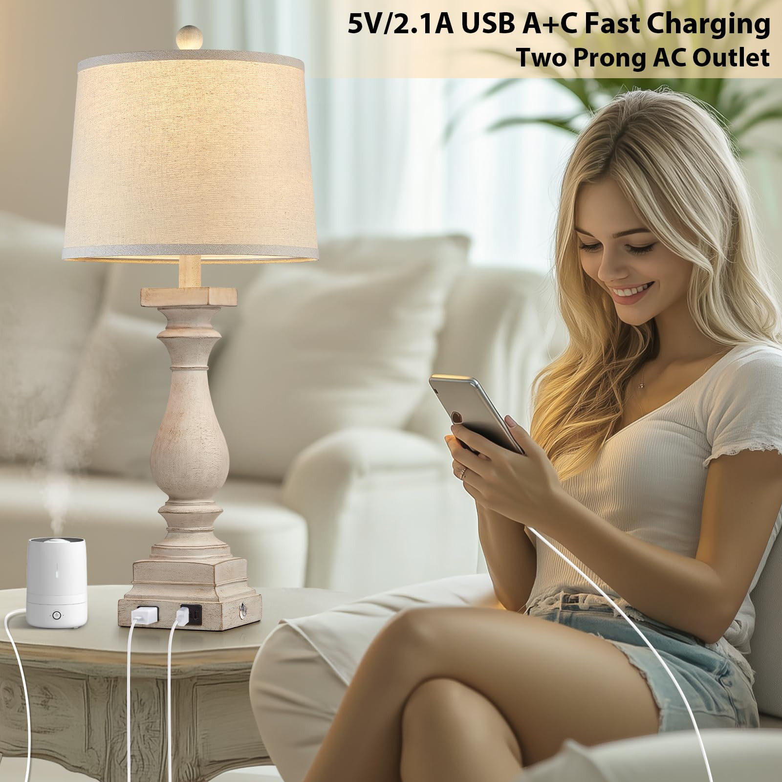 28" Tall Farmhouse Table Lamps Set of 2 with USB C+A Ports and AC Outlet, 3 Way Touch Control Rus... | Amazon (US)