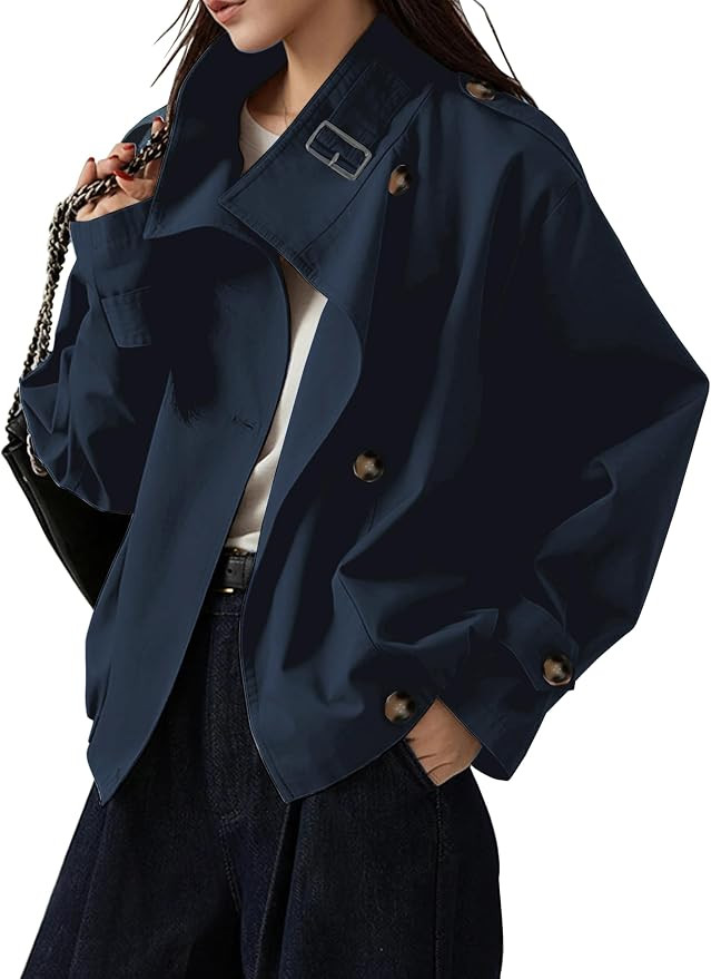 Megfie Jackets for Women Trendy Vintage Trench Coat Turtleneck Crop Jackets with Pockets | Amazon (US)