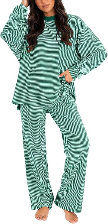 Women's 2 Piece Striped Lounge Set Wide Leg Pants Matching Pajamas Set | Long Sleeve ,High Waiste... | Amazon (US)