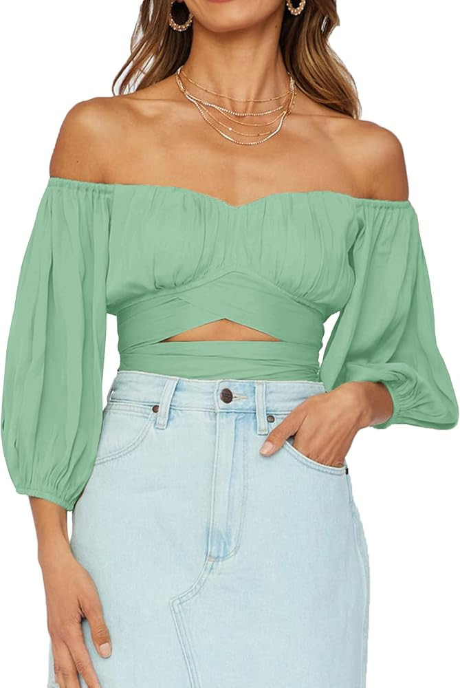 Umenlele Women's Sexy Off Shoulder Ruched Puff Half Sleeve Tie Knot Blouse Crop Top | Amazon (US)