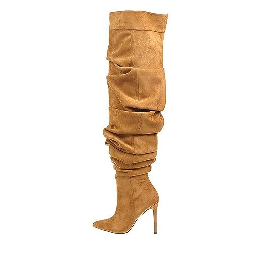 THESHY Women's Slouchy Over The Knee Boots Denim Pointed Toe Stiletto Heel Thigh High Boots Pleated Tall Fashion Sexy Bootie | Amazon (US)