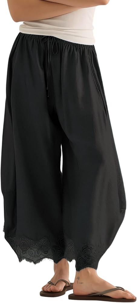 PUWEI Women's Cropped Lace-Hem Pants High Waisted Drawstring Wide Leg Pants Casual Elegant Flowy ... | Amazon (US)