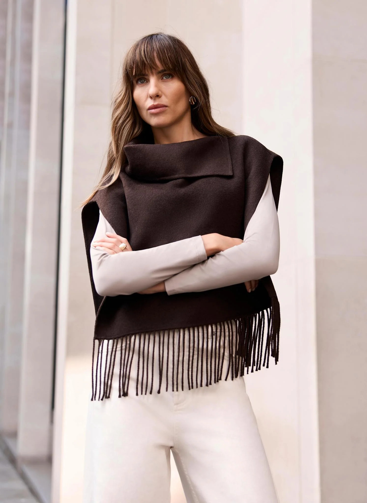 Brown Wool Blend Fringed Poncho | Mint Velvet