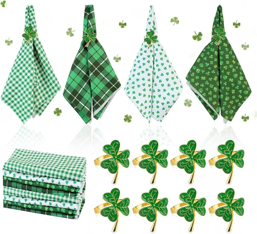 16 Pcs St. Patrick's Day Napkin Rings Holder Set Include 8 Pcs Clover Metal Serviette Buckles and... | Amazon (US)