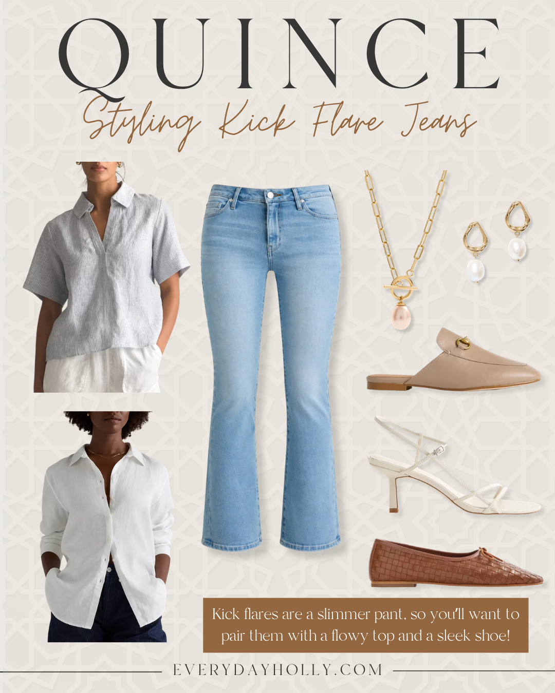 Kick flares are such a flattering, easy everyday denim. Since they are more fitted through the leg with a slight flare at the ankle, I like to balance them with a looser or flowy top to keep the look relaxed but still put together.

A lightweight button down, breezy blouse, or soft knit works perfectly here. For shoes, go with something sleek like a mule, sandal, or heel to keep that elongated look through the leg.

Kick flare jeans, how to style kick flare jeans, flattering denim, petite friendly outfits, everyday outfit ideas, casual chic style, amazon fashion finds, spring summer outfits 

 #LTKSeasonal #LTKOver40 #LTKPetite