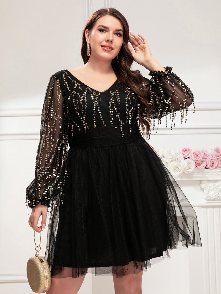 Plus Contrast Sequin Mesh Overlay Dress | SHEIN