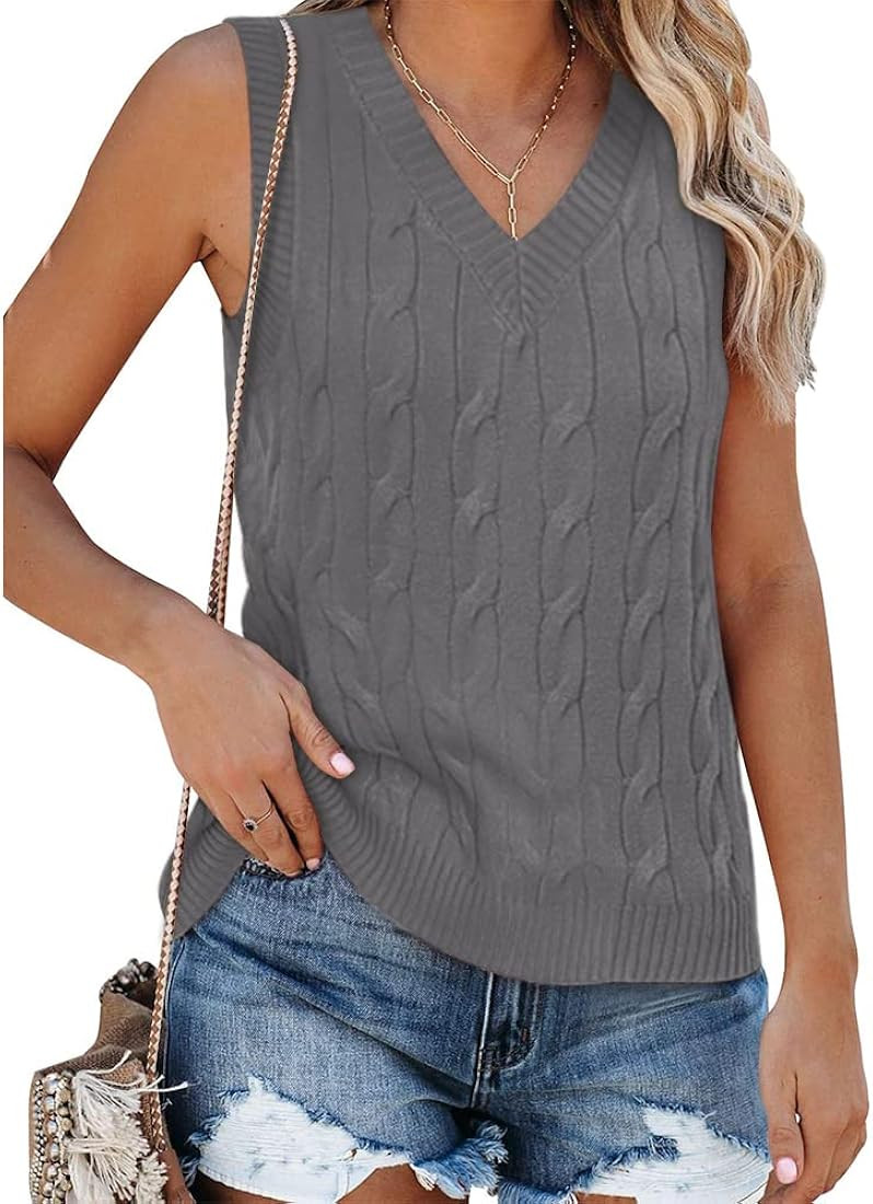 Fisoew Women's Sleeveless V-Neck Vintage Sweater Knitted Vest Casual Preppy Style | Amazon (US)